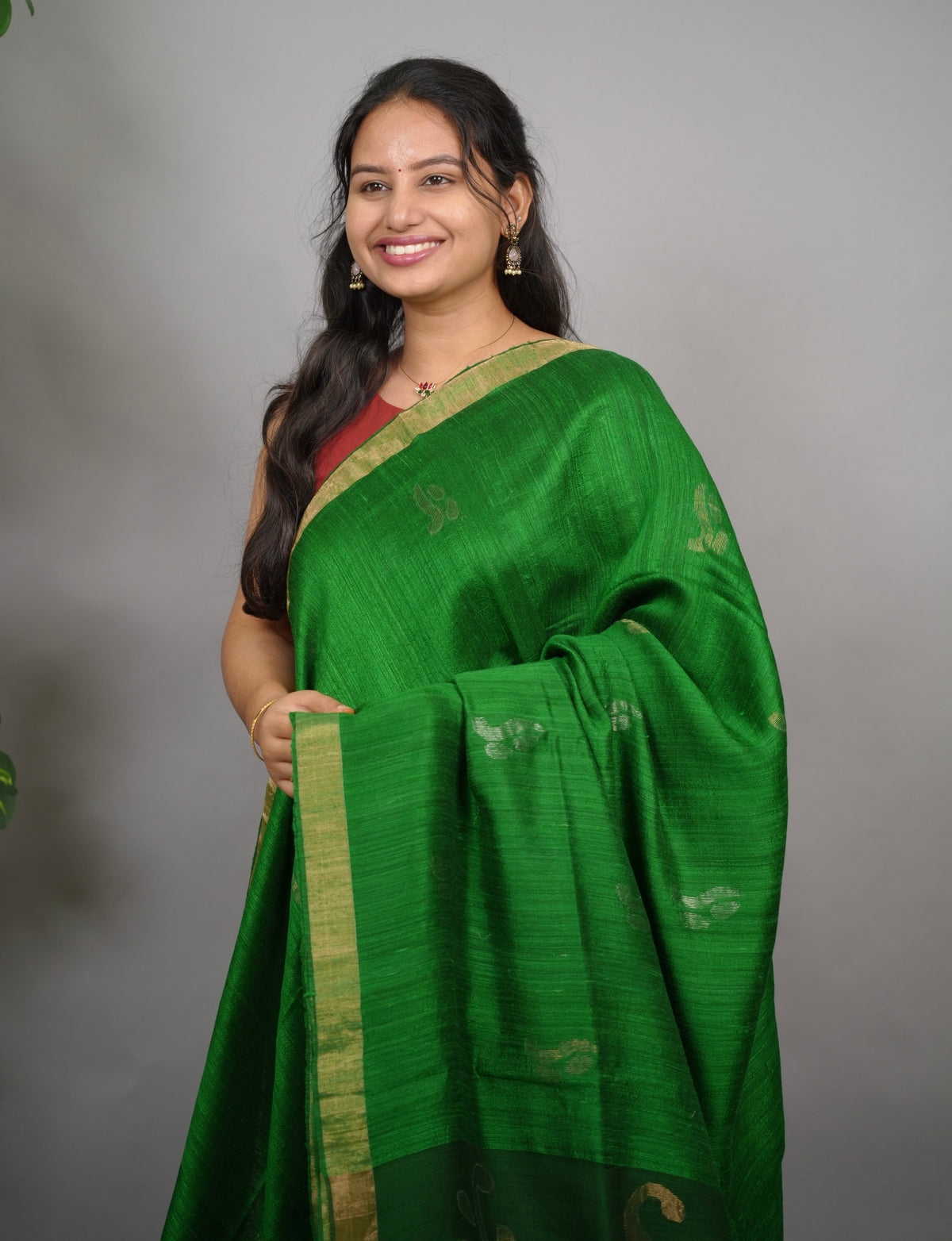 Green Handloom Jamdhani Pure Matka Silk Saree with Muslin Silk Pallu