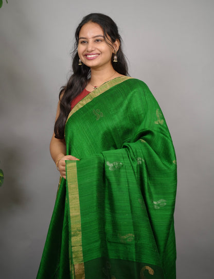 Green Handloom Jamdhani Pure Matka Silk Saree with Muslin Silk Pallu