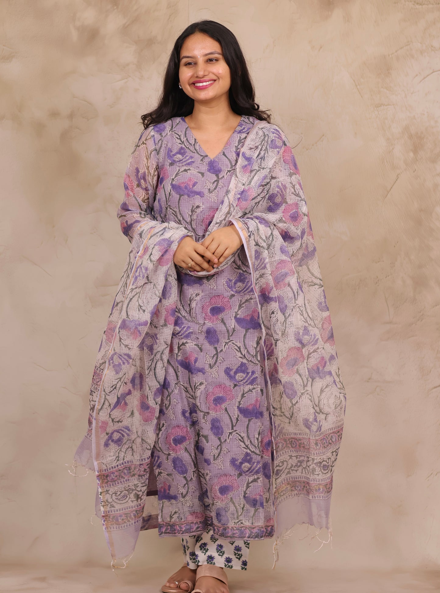 Lavender Handblock printed kota 3 piece suit (stitched)