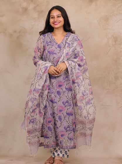 Lavender Handblock printed kota 3 piece suit (stitched)