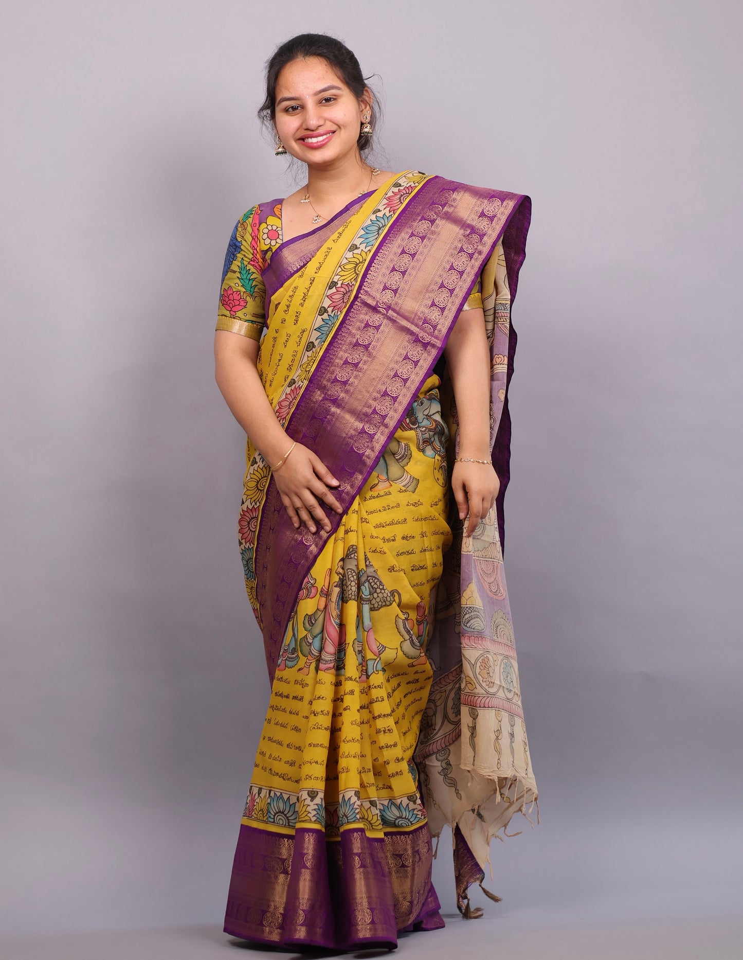 Yellow Hand Painted Pen Kalamkari Silk Saree