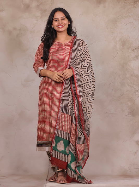 Maroon Linen Cotton Handblock printed 3 piece suit (stitched)