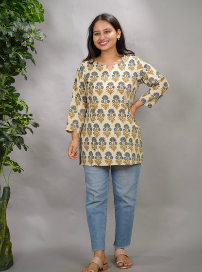 Cream Ajrakh Hand Block Printed Short Top