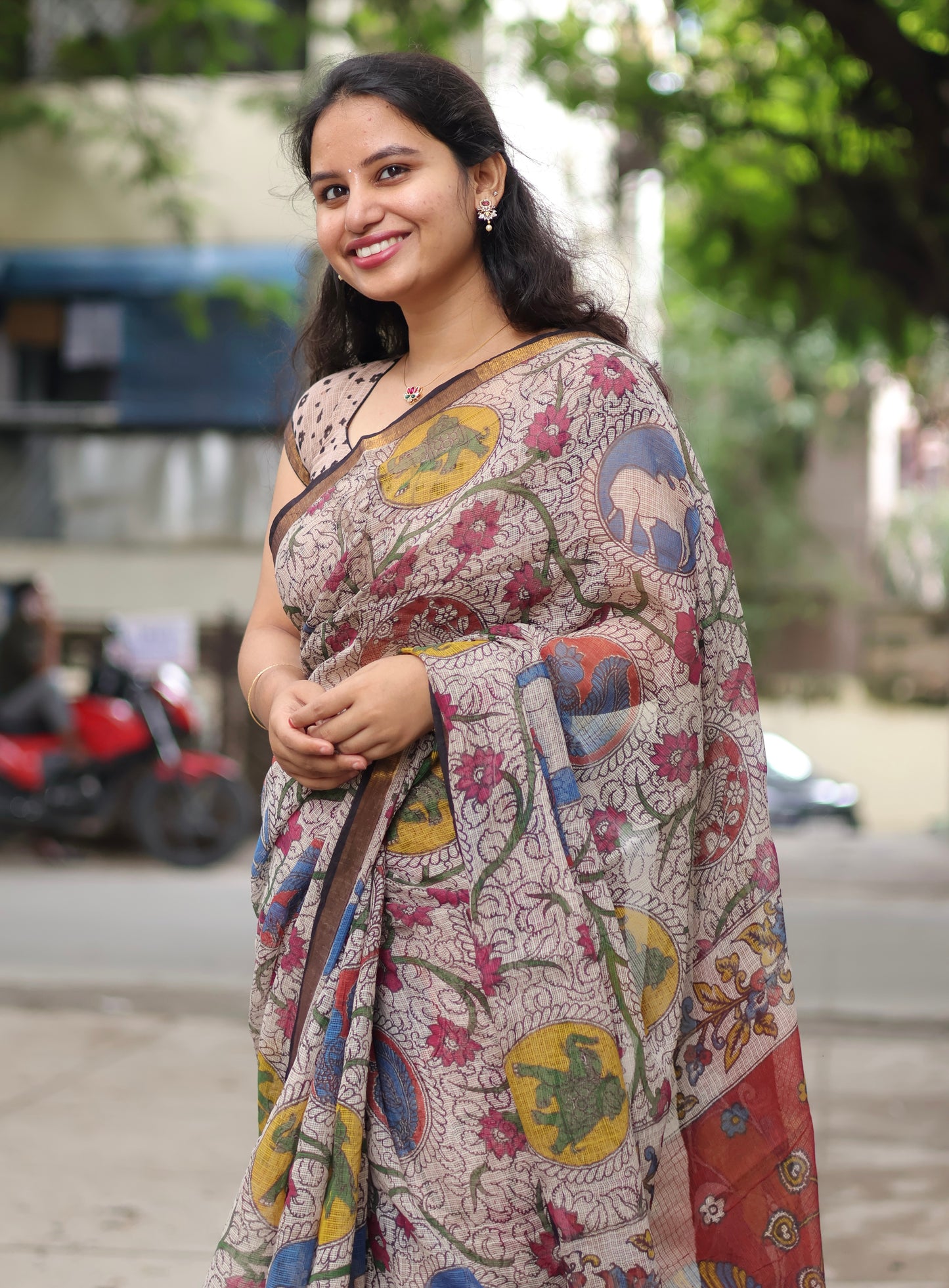 Cream Kalamkari printed Kota Doriya Saree