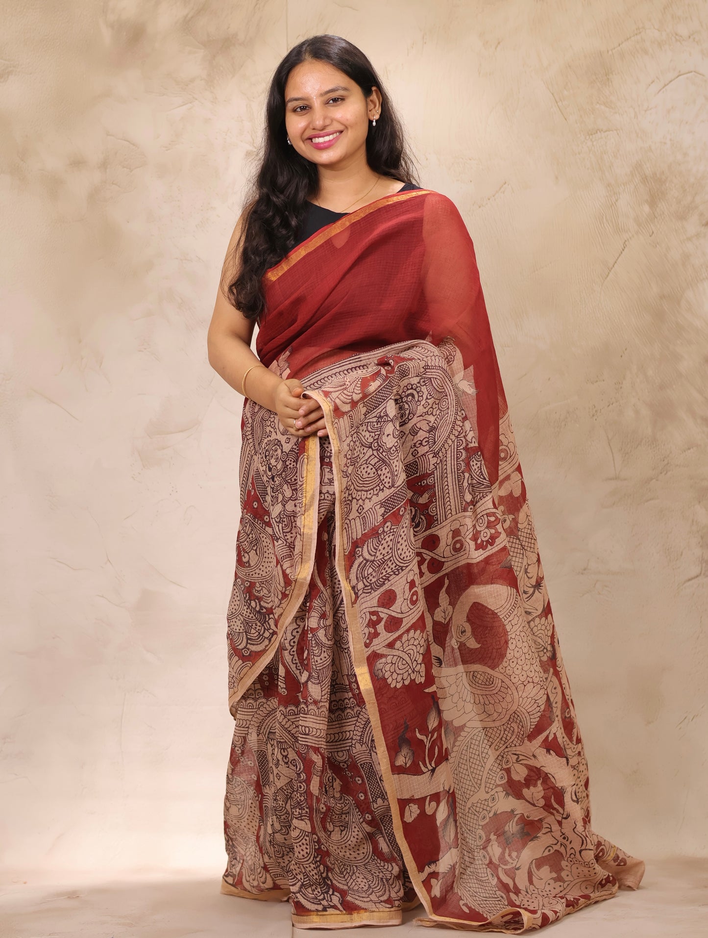 Maroon Kota Doria Saree with Kalamkari Handblock Prints | Looms & Tassels