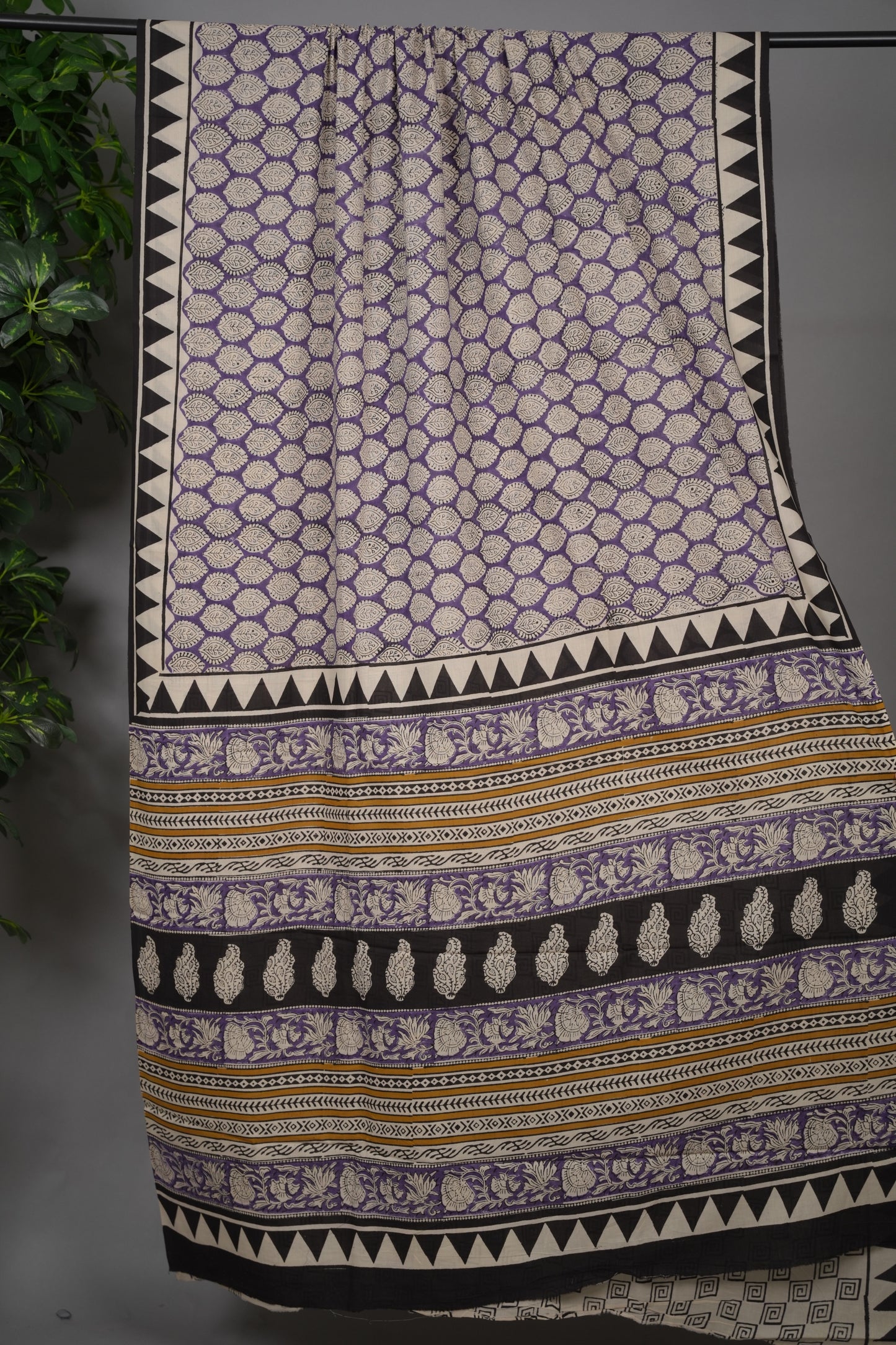 Lavender Bagru Handblock printed MulMul cotton saree | Looms & Tassels
