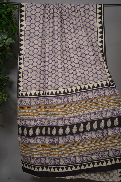 Lavender Bagru Handblock printed MulMul cotton saree | Looms & Tassels