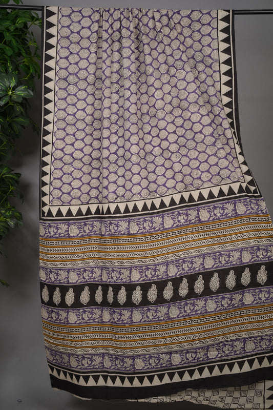 Lavender Bagru Handblock printed MulMul cotton saree | Looms & Tassels