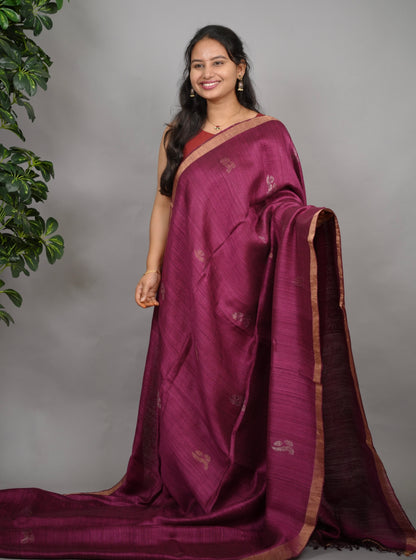 Magenta Handloom Jamdhani Pure Matka Silk Saree with Muslin Silk Pallu
