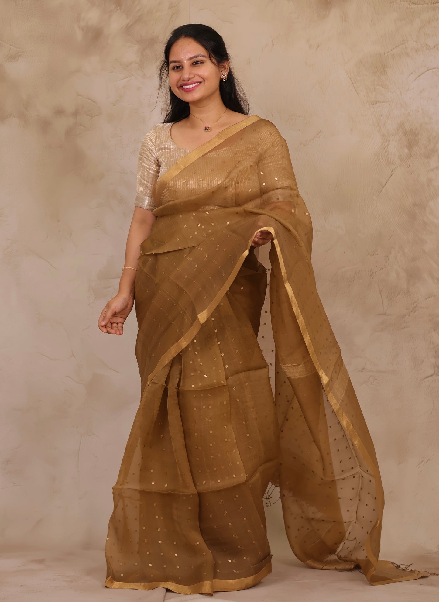 Mustard Brown Handwoven Muslin Silk Saree With Sequence Work | Looms & Tassels