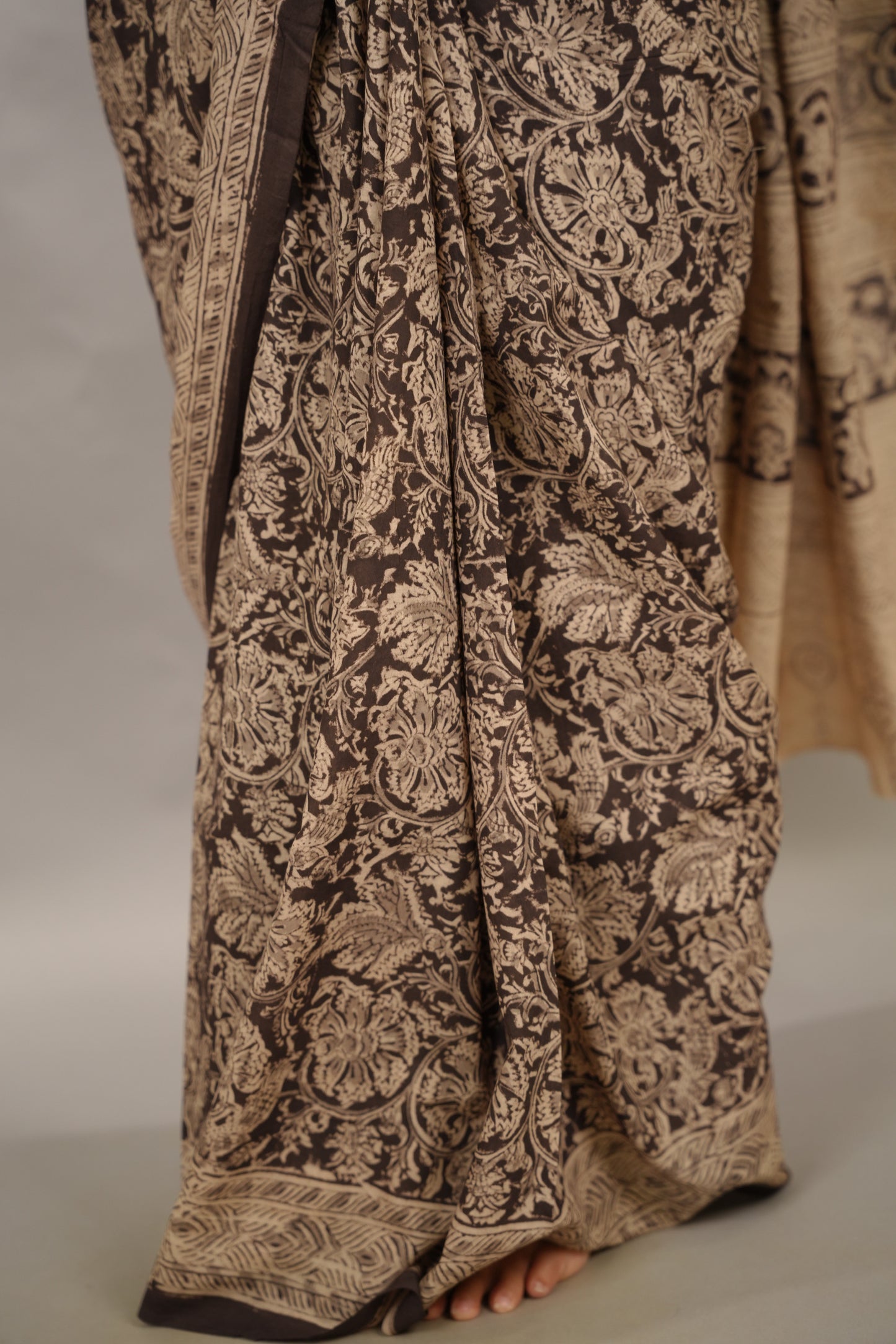 Black Hand Block Printed Kalamkari Cotton Saree | Looms & Tassels