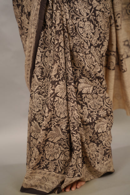 Black Hand Block Printed Kalamkari Cotton Saree | Looms & Tassels