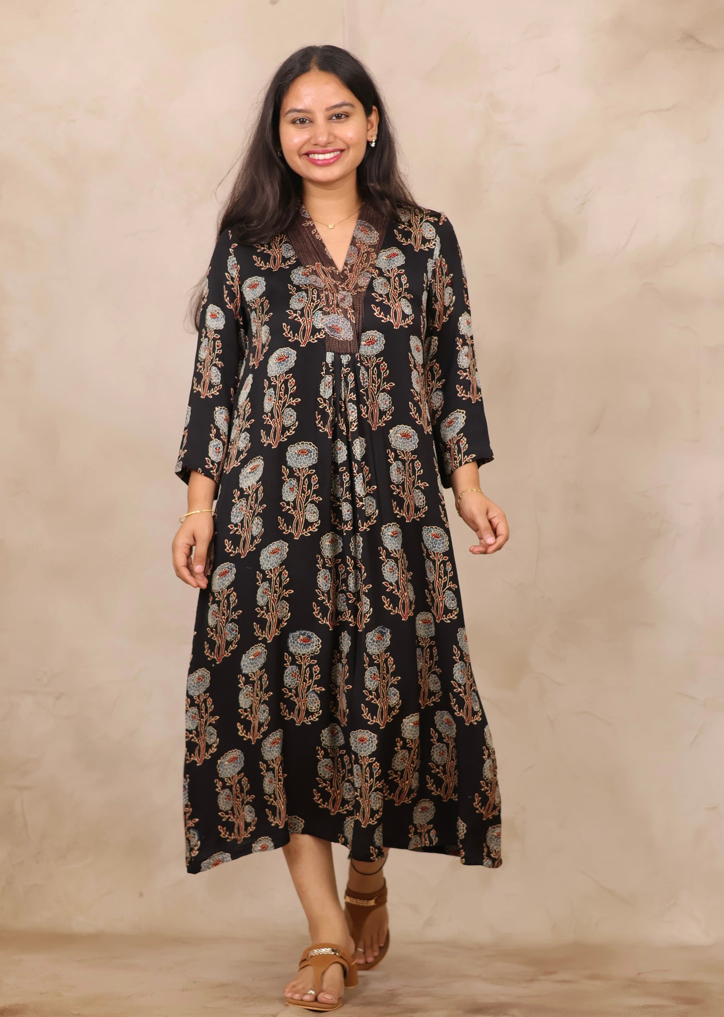 Black Ajrakh Modal Silk Aline Dress | Looms & Tassels
