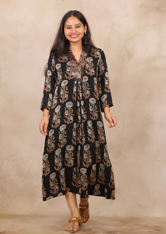 Black Ajrakh Modal Silk Aline Dress | Looms & Tassels