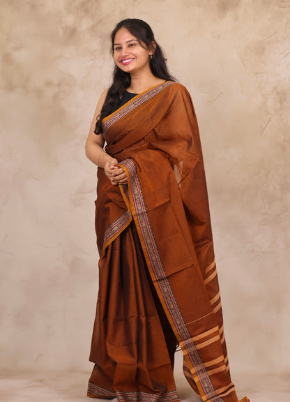 Mustard Narayanpet Cotton Saree | Looms & Tassels