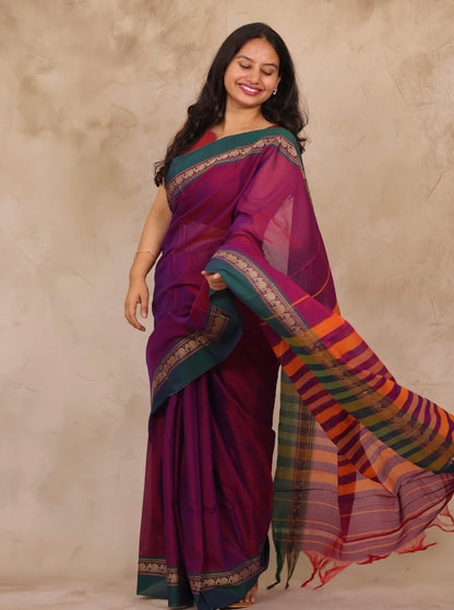 Magenta Narayanpet Cotton Saree with Elephant Border | Looms & Tassels