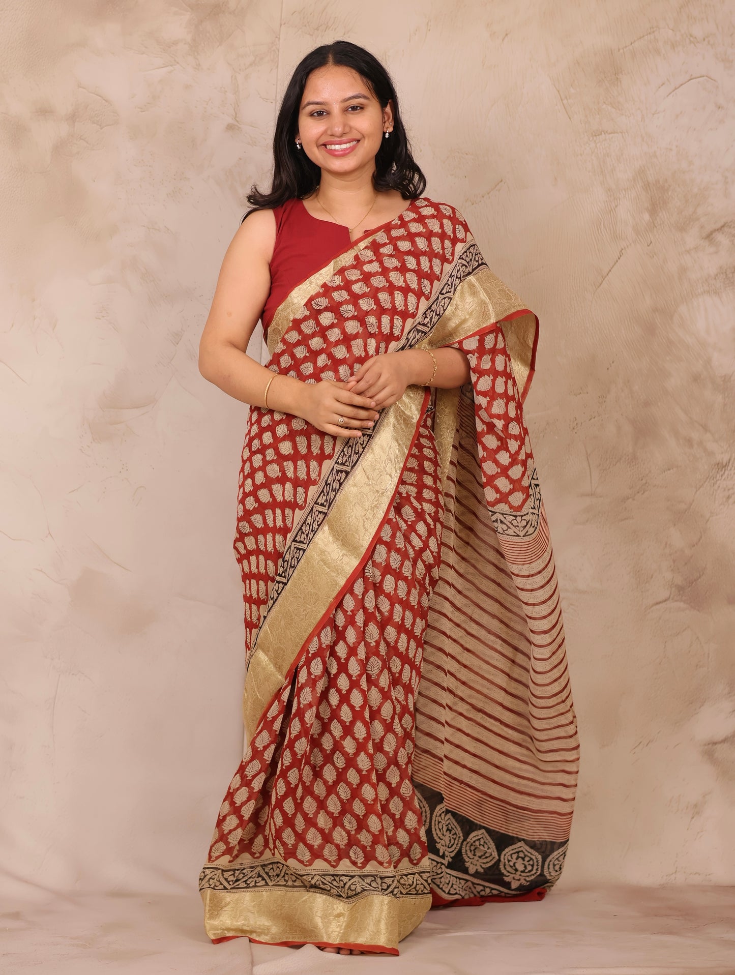 Maroon Chiffon Hand Block Printed Saree with Jari Border | Looms & Tassels