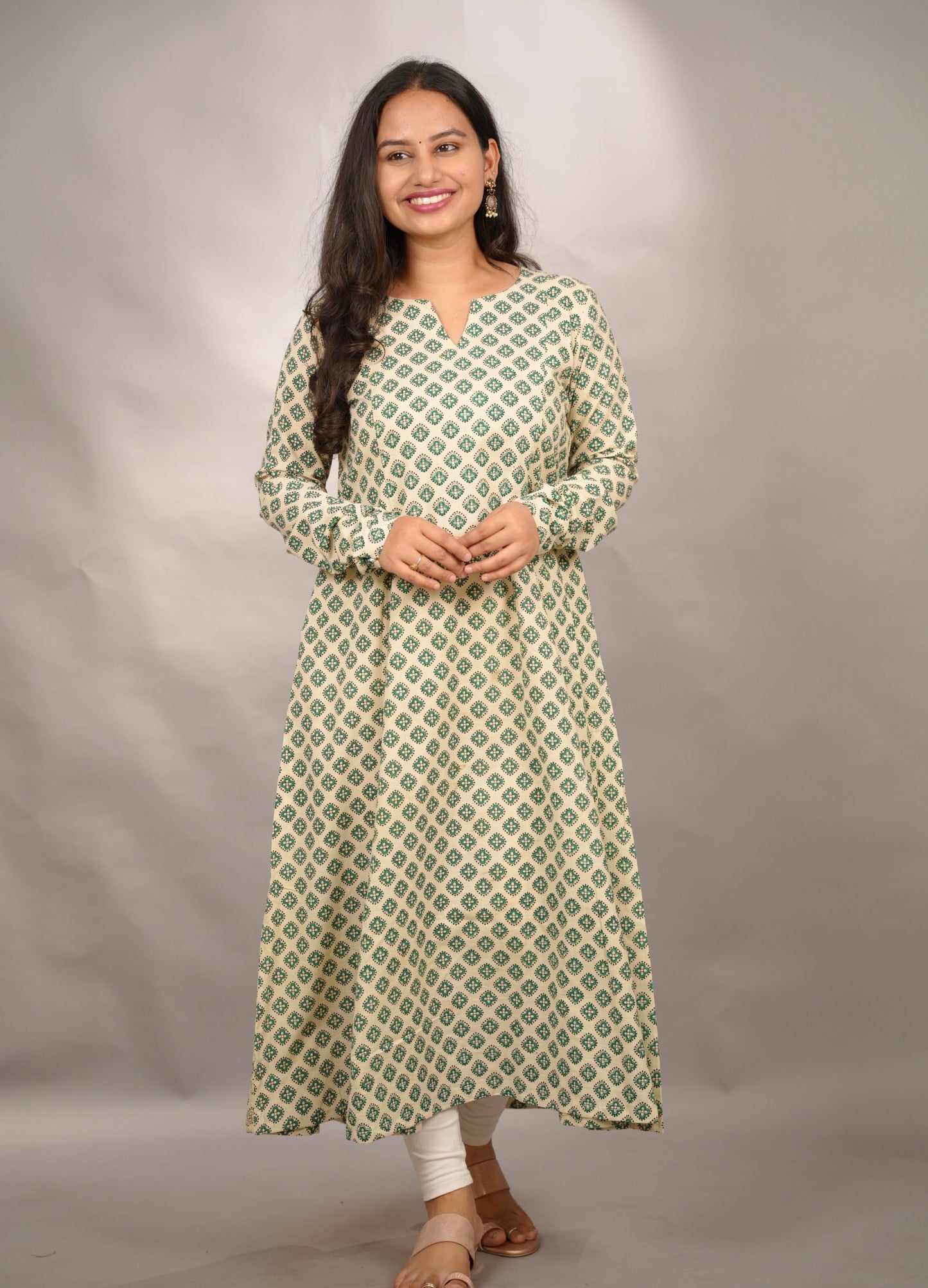 Cream Pure Mul Cotton Kali Kurta with Chudi Sleeves | Looms & Tassels