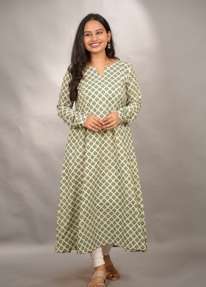Cream Pure Mul Cotton Kali Kurta with Chudi Sleeves | Looms & Tassels