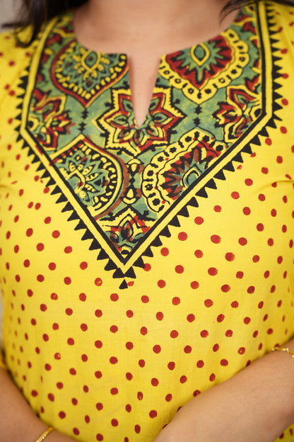 Yellow Ajrakh Pattern Hand Block printed Kurti | Looms & Tassels