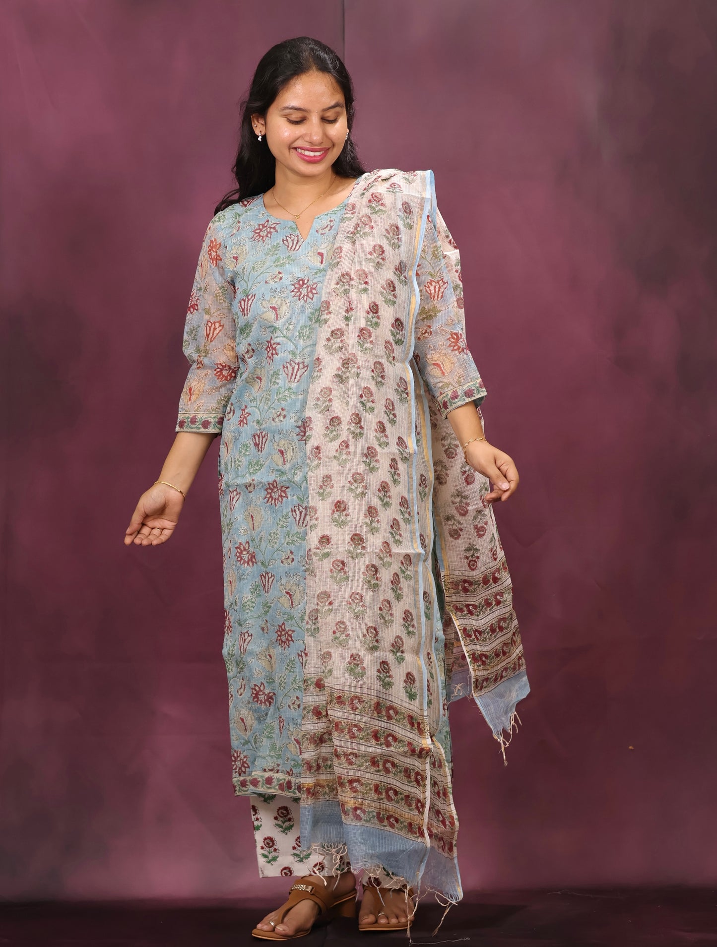 Sky Blue Handblock printed kota 3 piece suit (stitched)
