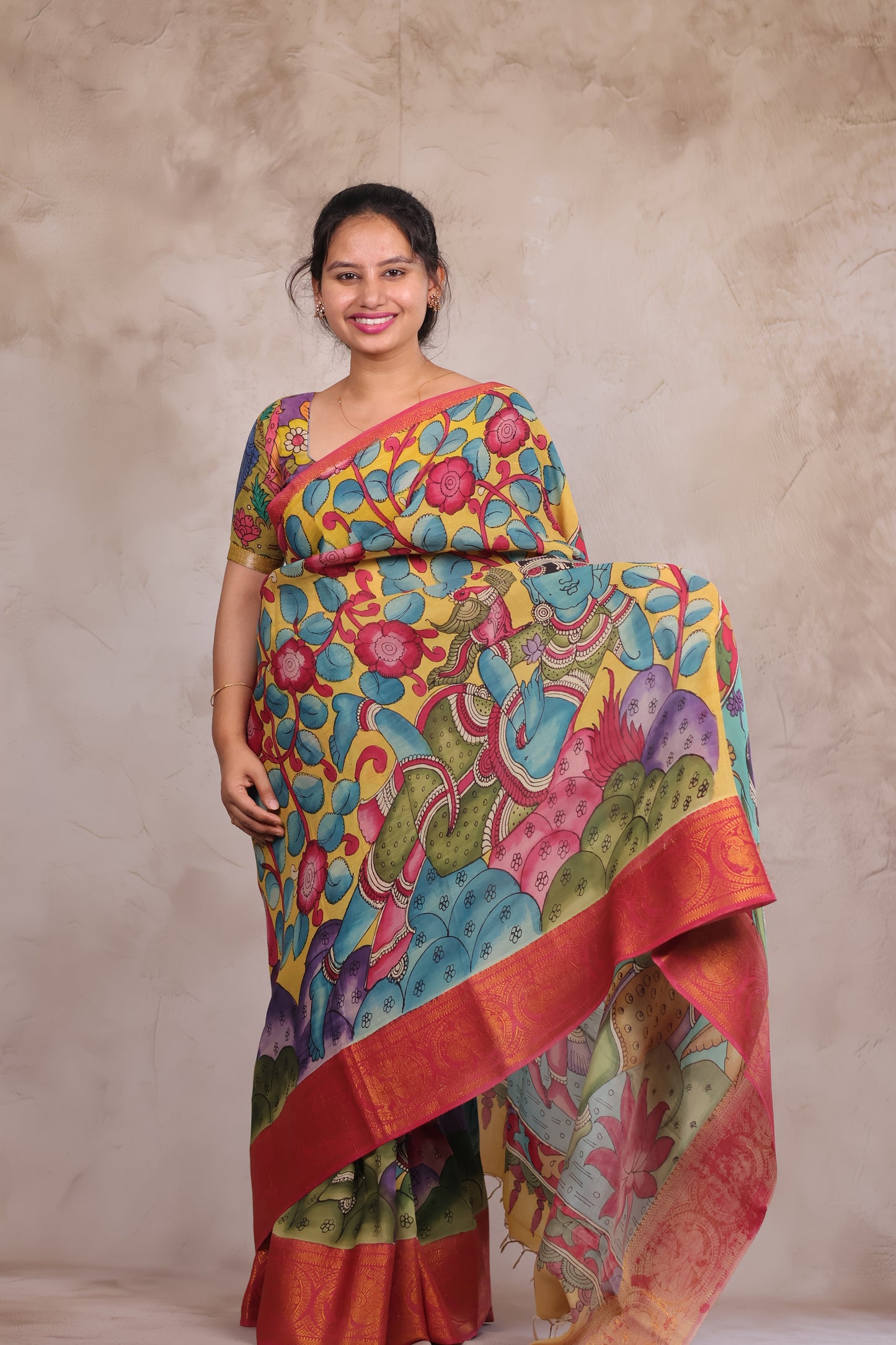 Hand Drawn Pen Kalamkari Yellow And Red's pink Bangalore Silk Kanchi Border Saree | Looms & Tassels