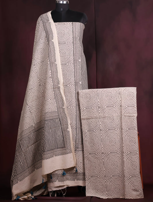 Off White Geometrical Pattern Ajrakh Handblock Printed Pure Cotton 3 piece suit set | Looms & Tassels