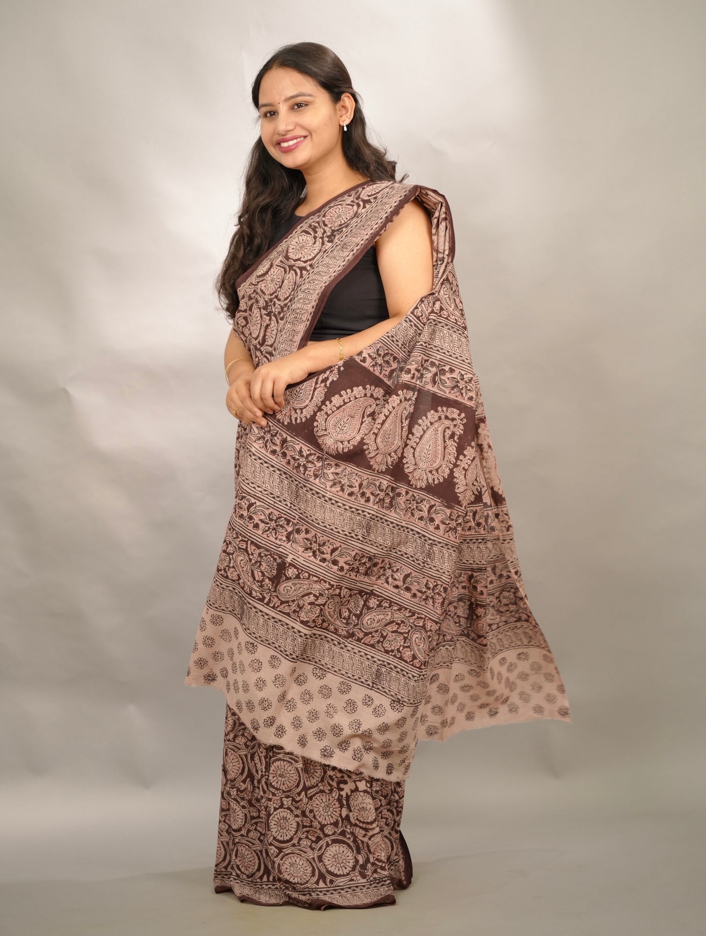 Maroon Hand Block Printed Kalamkari Cotton Saree | Looms & Tassels