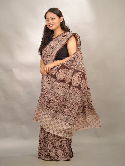 Maroon Hand Block Printed Kalamkari Cotton Saree | Looms & Tassels