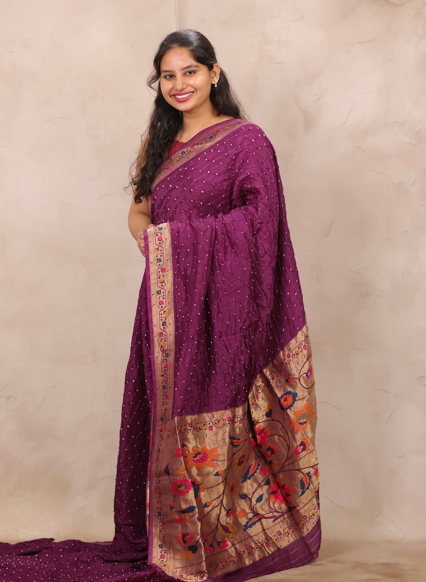 Magenta Handcrafted Bandhani Paithani Dola Silk Saree | Looms & Tassels