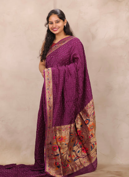 Magenta Handcrafted Bandhani Paithani Dola Silk Saree | Looms & Tassels