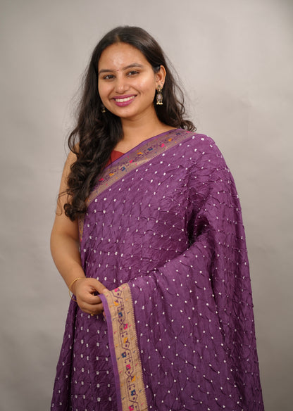 Purple Handcrafted Bandhani Paithani Dola Silk Saree | Looms & Tassels