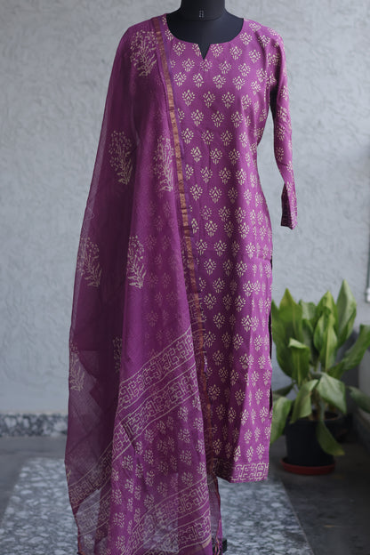 Purple Handblock printed Pure Mul Cotton with Kota Doria Duppata 3 piece suit (stitched)