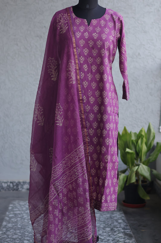 Purple Handblock printed Pure Mul Cotton with Kota Doria Duppata 3 piece suit (stitched)
