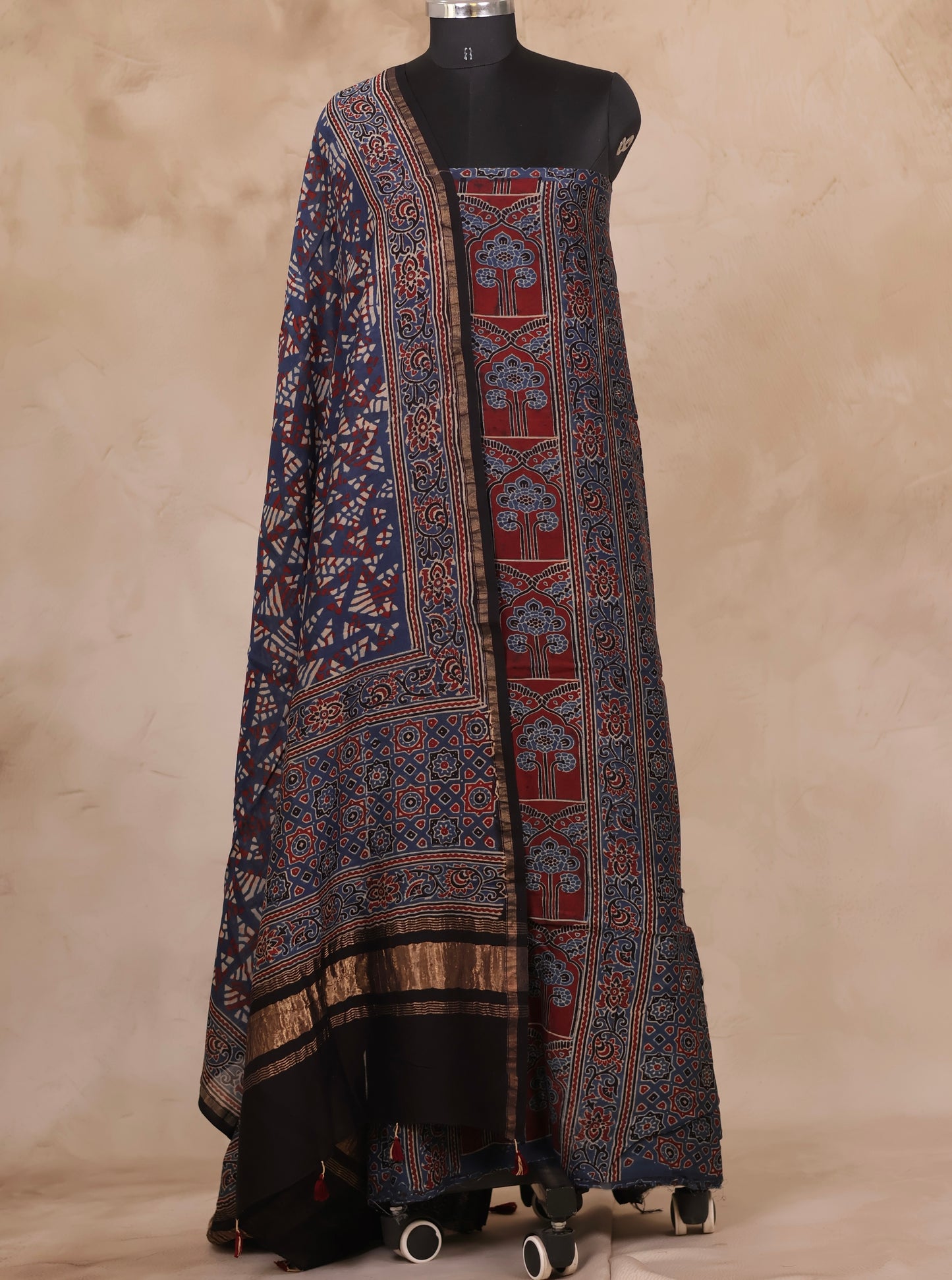 Chanderi Silk Cotton Ajrakh Handblock Printed 2 Piece Suit Set | Looms & Tassels