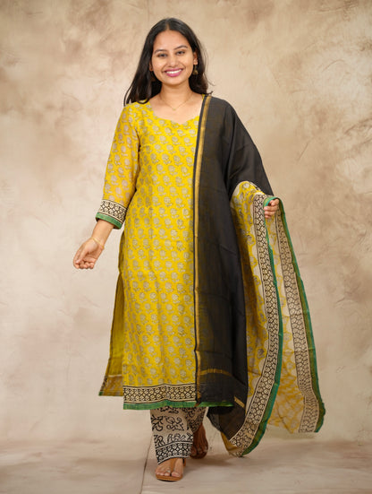 Yellow Handblock printed Pure Chenderi Silk 3 piece suit (stitched) |  Looms & Tassels