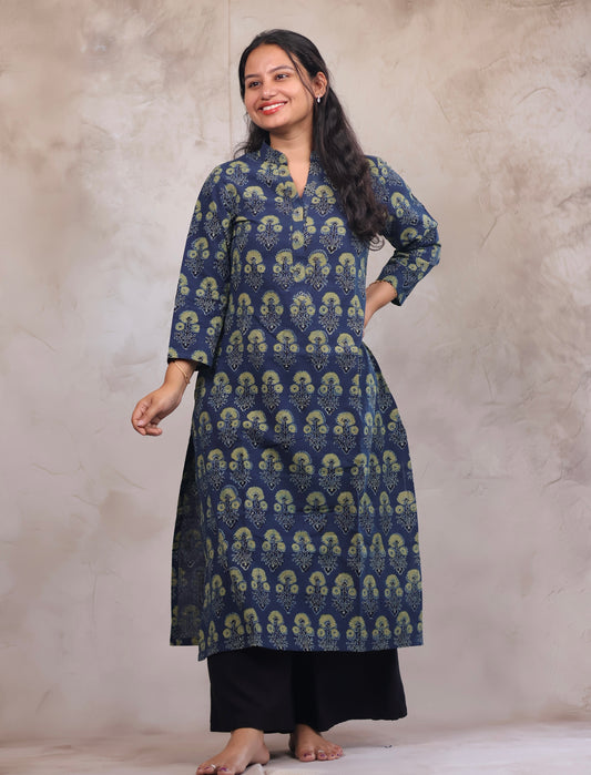 Indigo Ajrakh Hand Block Printed Kurti | Looms & Tassels