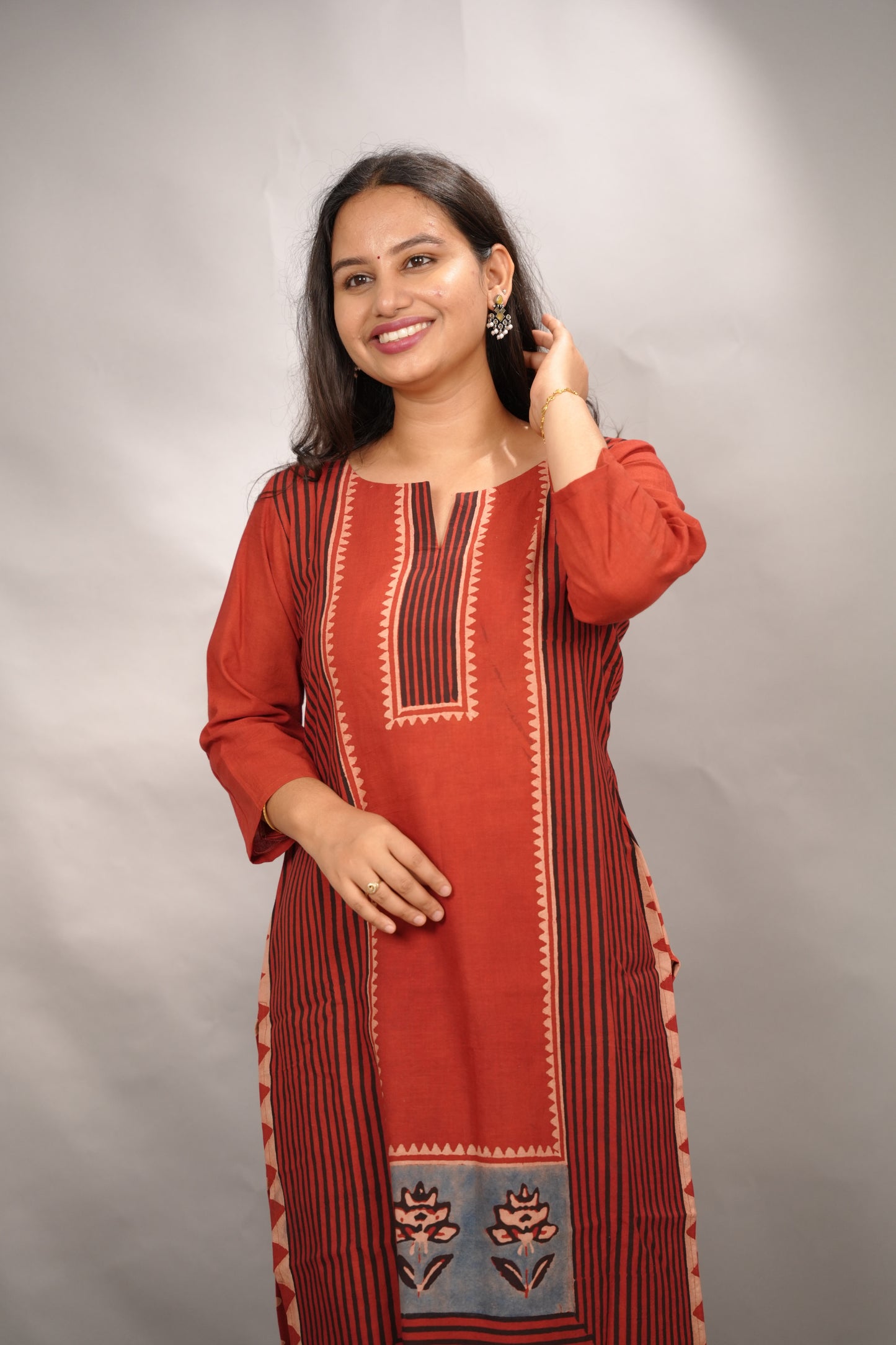 Red Ajrakh Pattern Hand Block printed Kurti | Looms & Tassels