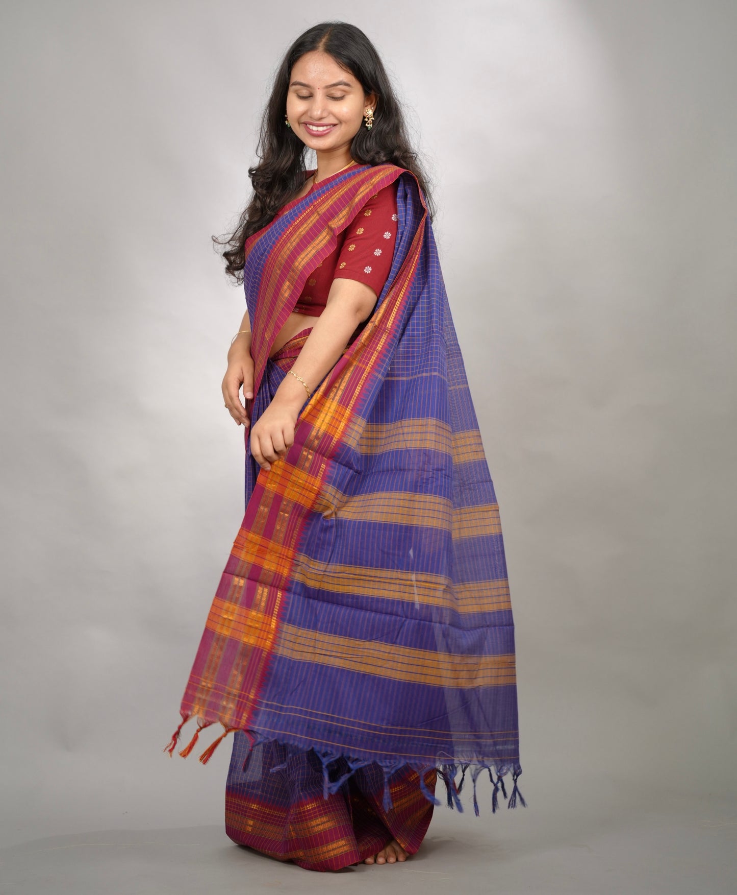 Blue Checks Narayanpet Cotton Saree with Traditional contrast Border | Looms & Tassels