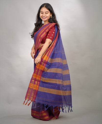 Blue Checks Narayanpet Cotton Saree with Traditional contrast Border | Looms & Tassels