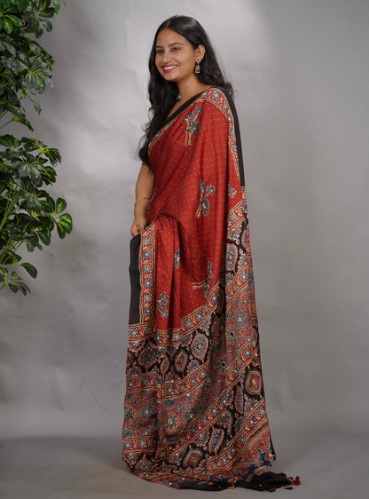 Maroon Ajrakh Modal Silk Hand Embroidery Saree  | Looms & Tassels