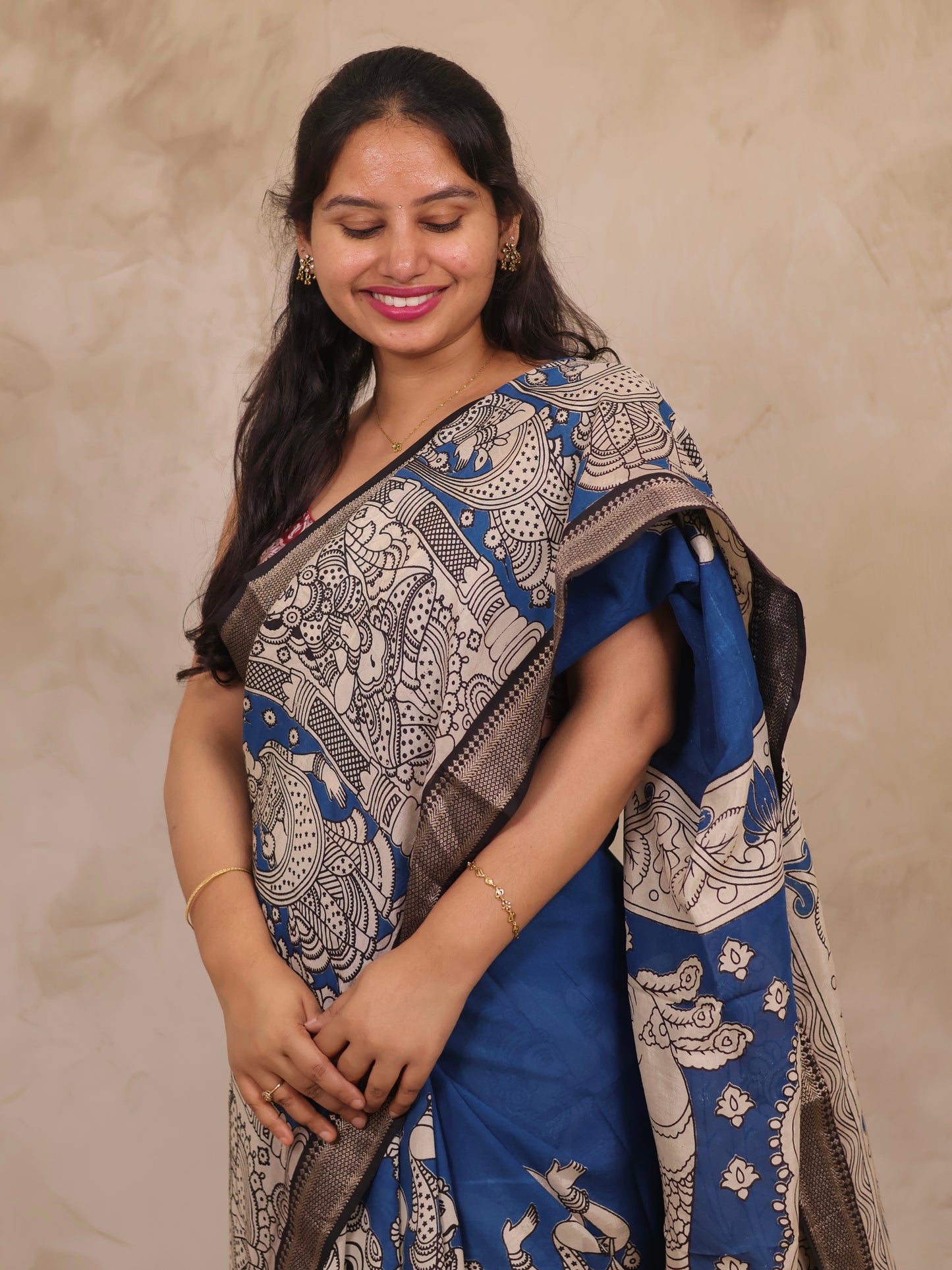 Cyan Blue Story Telling Kalamkari Nizam Border Chennur Silk Saree | Looms & Tassels