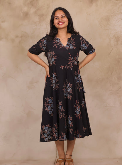 Black Pure Mul Cotton Ajrakh Mini Dress | Looms & Tassels