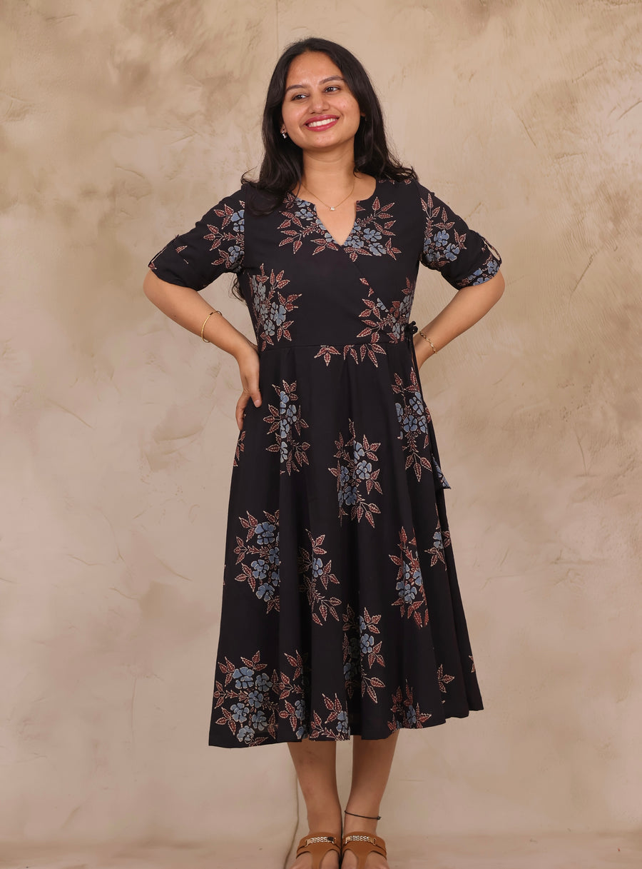 Black Pure Mul Cotton Ajrakh Mini Dress | Looms & Tassels