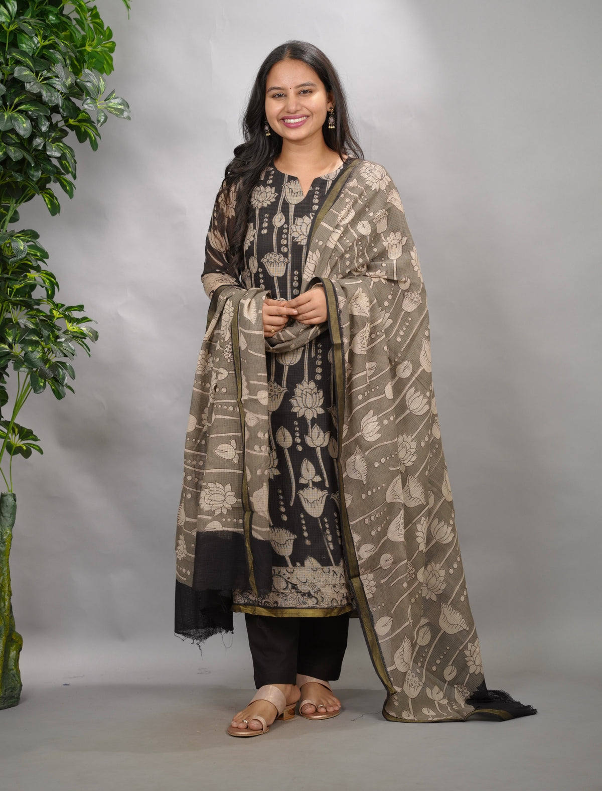 Black Kalamkari Kota Cotton 3 piece suit (stitched) | Looms & Tassels