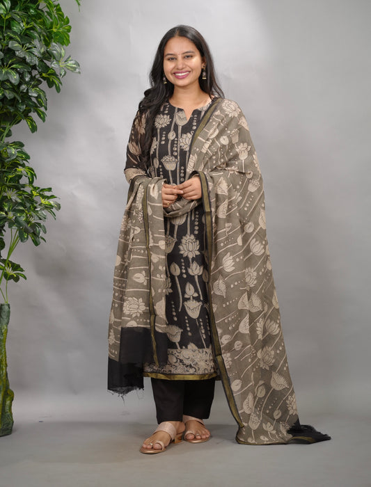 Black Kalamkari Kota Cotton 3 piece suit (stitched) | Looms & Tassels