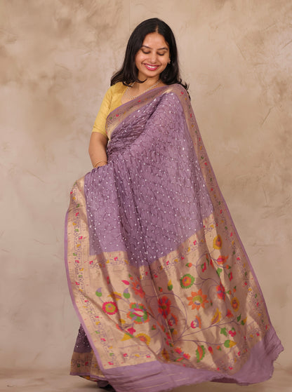 Dusty Lavender Handcrafted Bandhani Paithani Dola Silk Saree | Looms & Tassels