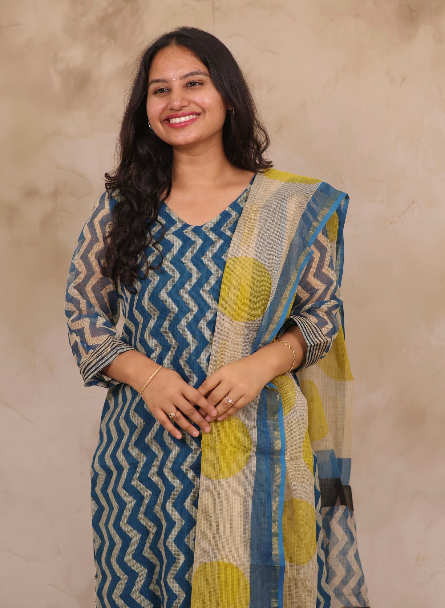 Cyan Blue Contemporary Handblock printed kota 3 piece suit (stitched)