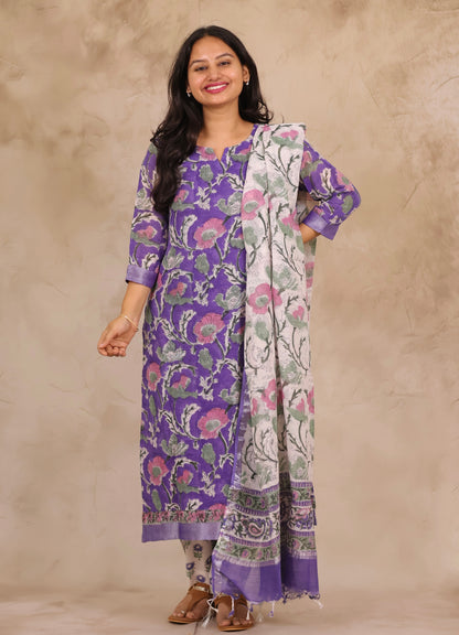 Lavender Linen Cotton Handblock printed 3 piece suit (stitched)