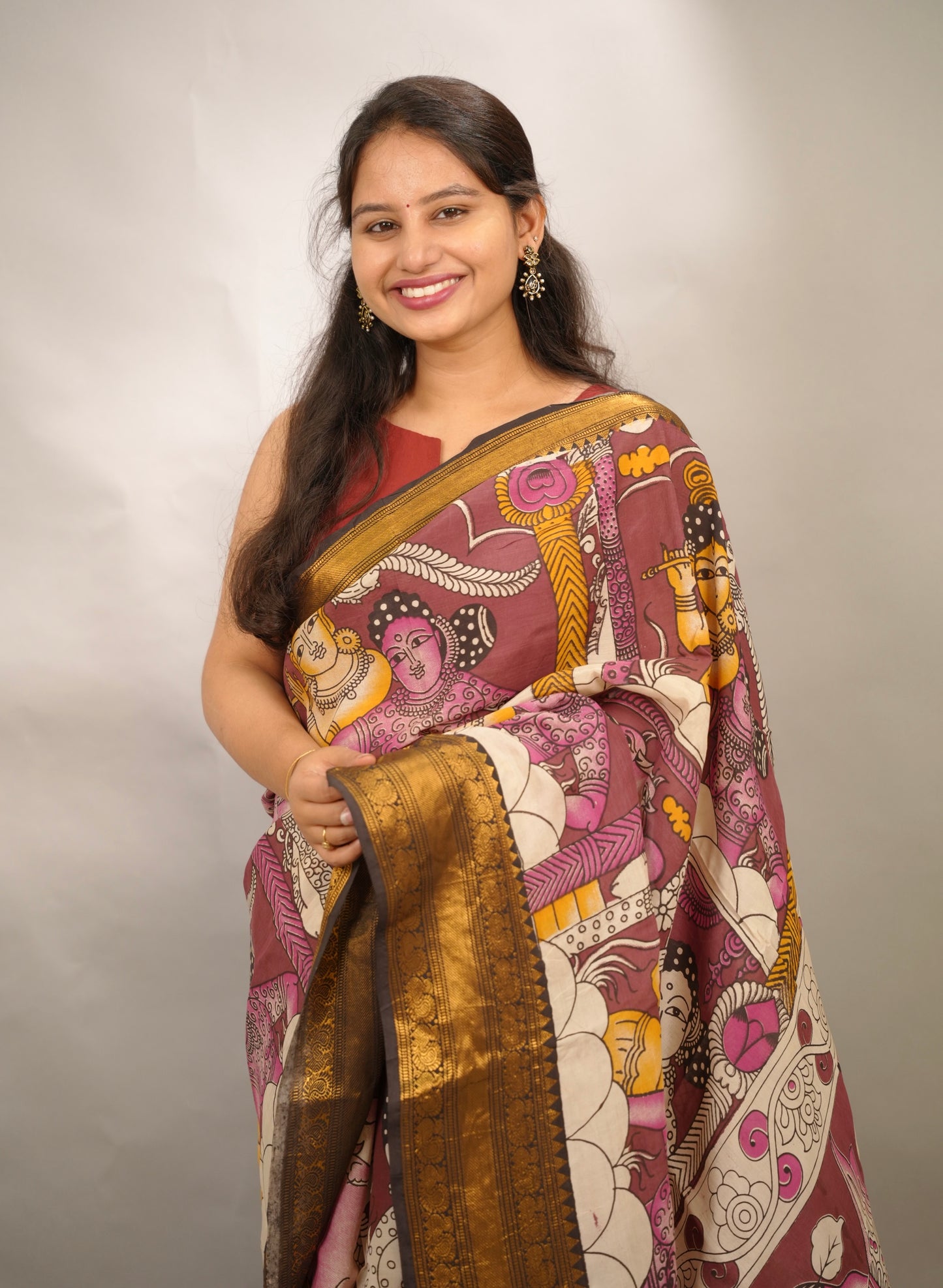 Dusty Maroon Kanchi border Kalamkari Chennur Silk Saree | Looms & Tassels